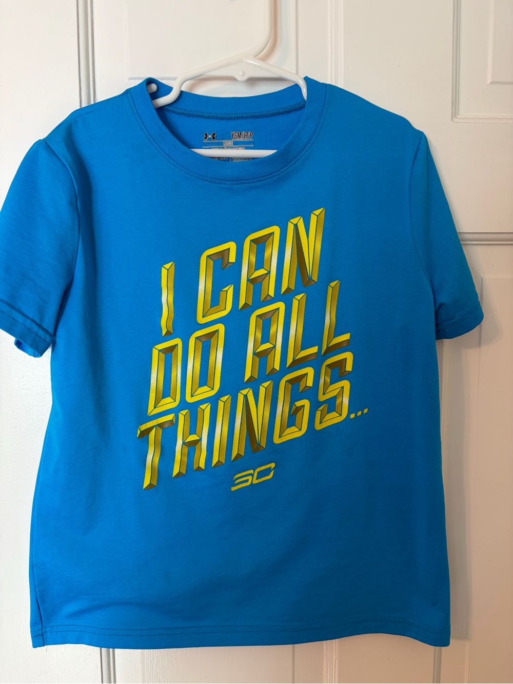 Under Armour Blue Tee with Yellow 'I Can Do All Things' Graphic